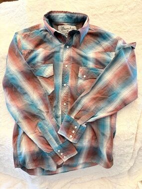 Wrangler Wrancher Shirt Mens Size M Plaid Pearl Snap Cowboy VINTAGE F